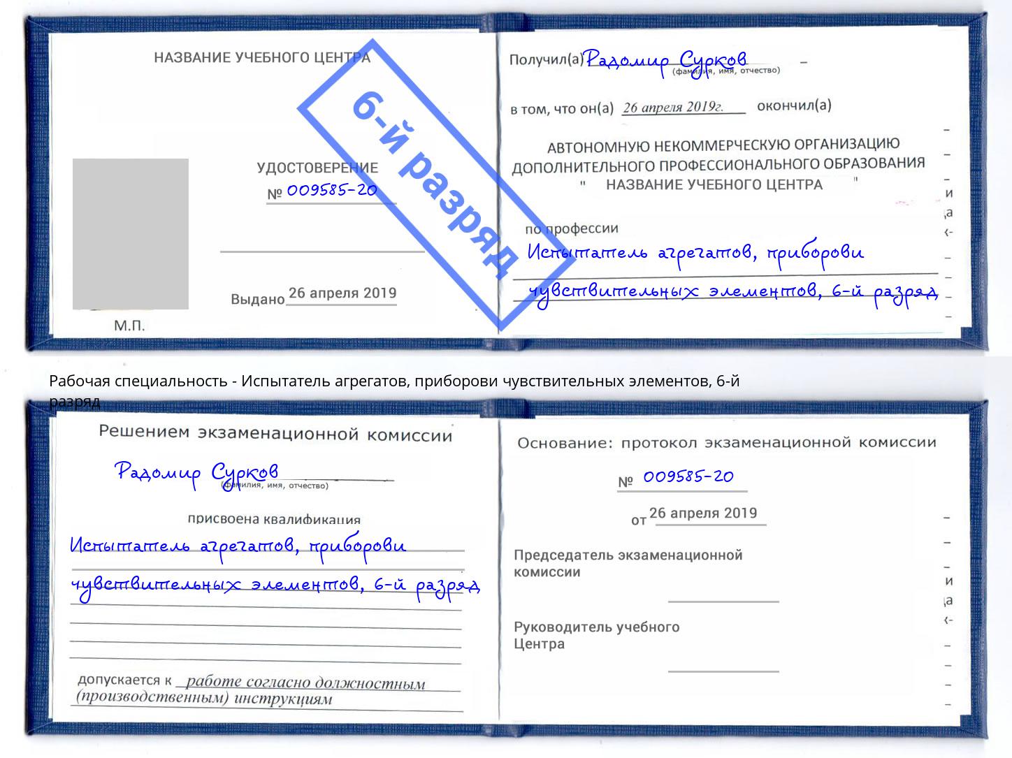 корочка 6-й разряд Испытатель агрегатов, приборови чувствительных элементов Майкоп