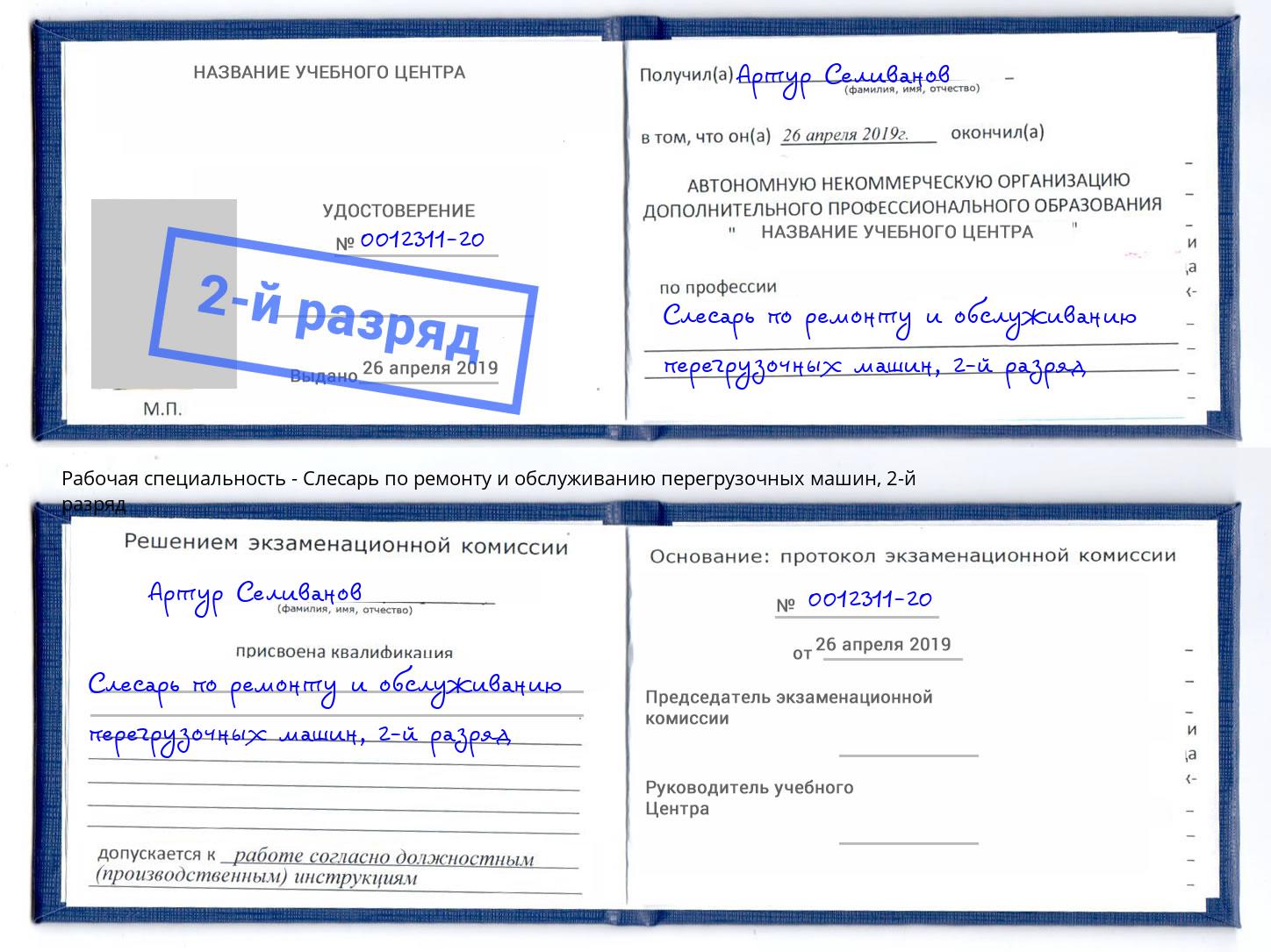 корочка 2-й разряд Слесарь по ремонту и обслуживанию перегрузочных машин Майкоп
