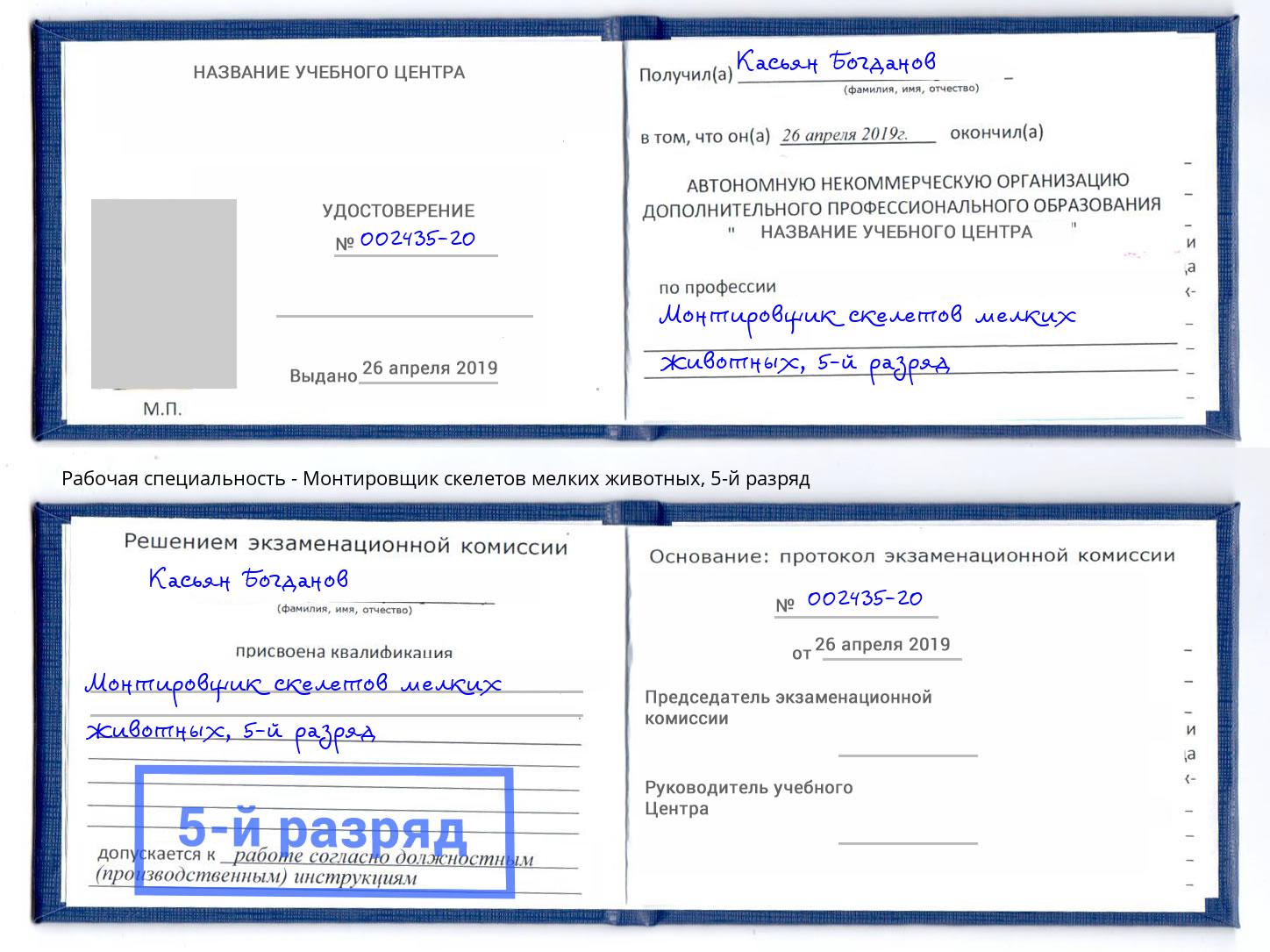 корочка 5-й разряд Монтировщик скелетов мелких животных Майкоп