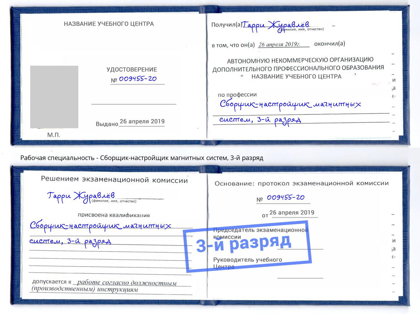 корочка 3-й разряд Сборщик-настройщик магнитных систем Майкоп