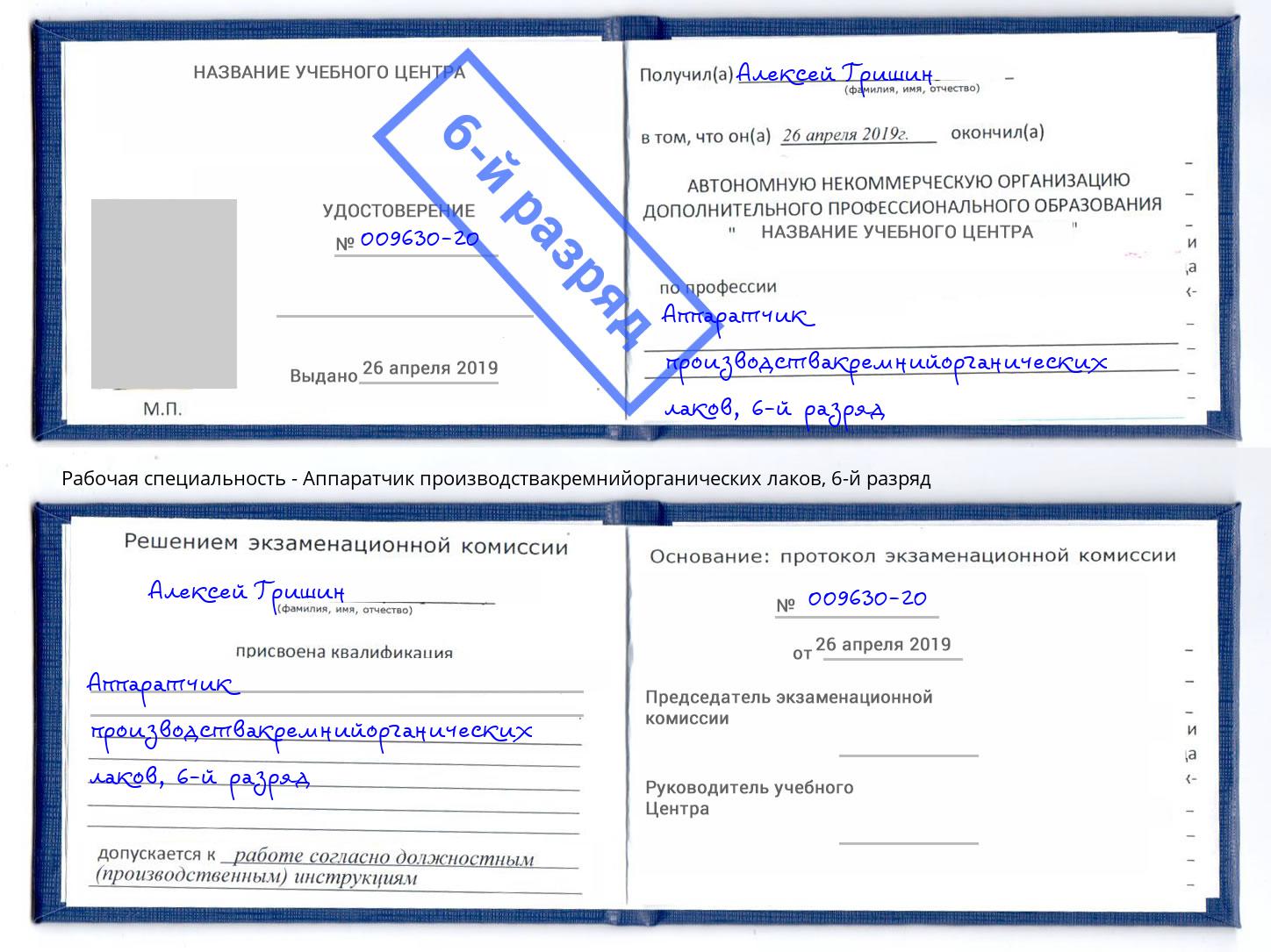 корочка 6-й разряд Аппаратчик производствакремнийорганических лаков Майкоп