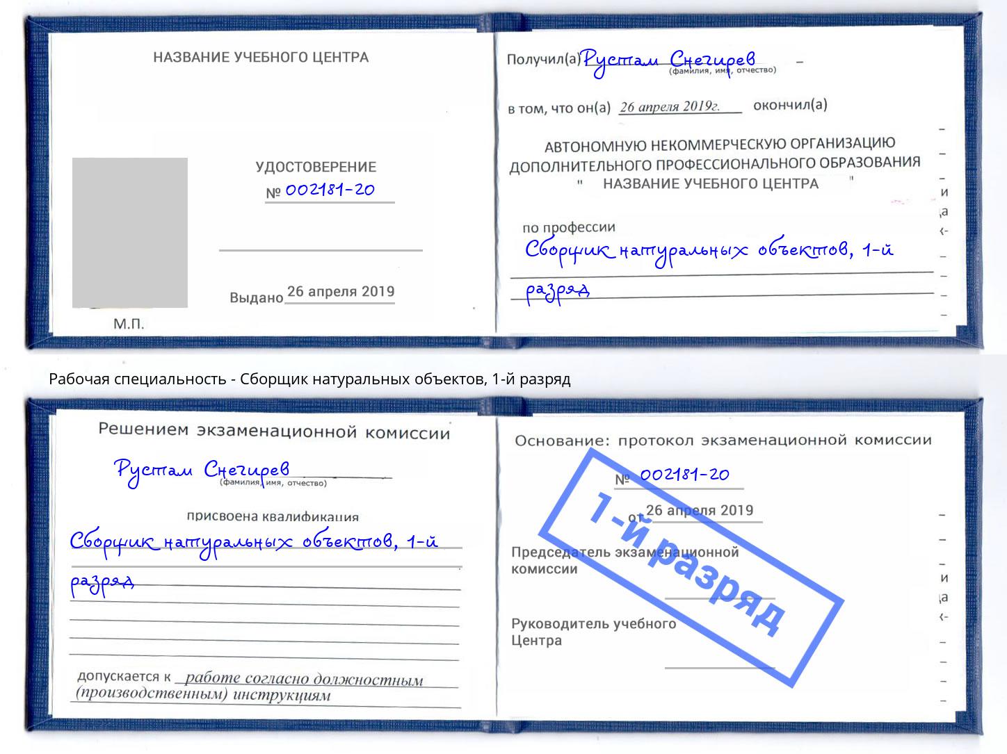 корочка 1-й разряд Сборщик натуральных объектов Майкоп